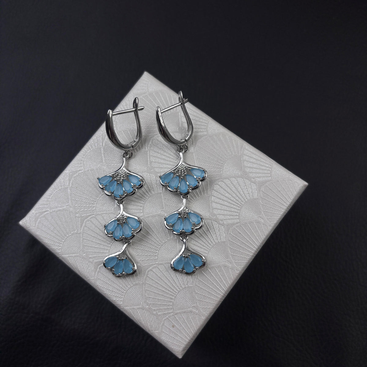 Elegant Layered Ginkgo Leaf Drop Earrings with Blue Zircon, Snap-on Hoop Design, Fashion Costume Jewelry Accessories