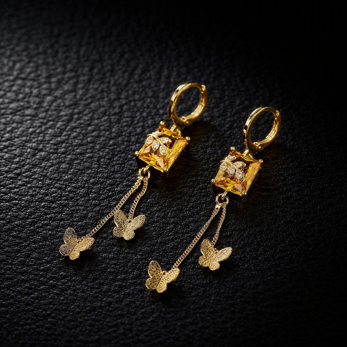 Women Long Dangle Earrings Gold Butterfly Tassel Square Yellow Zircon Ear Hoops