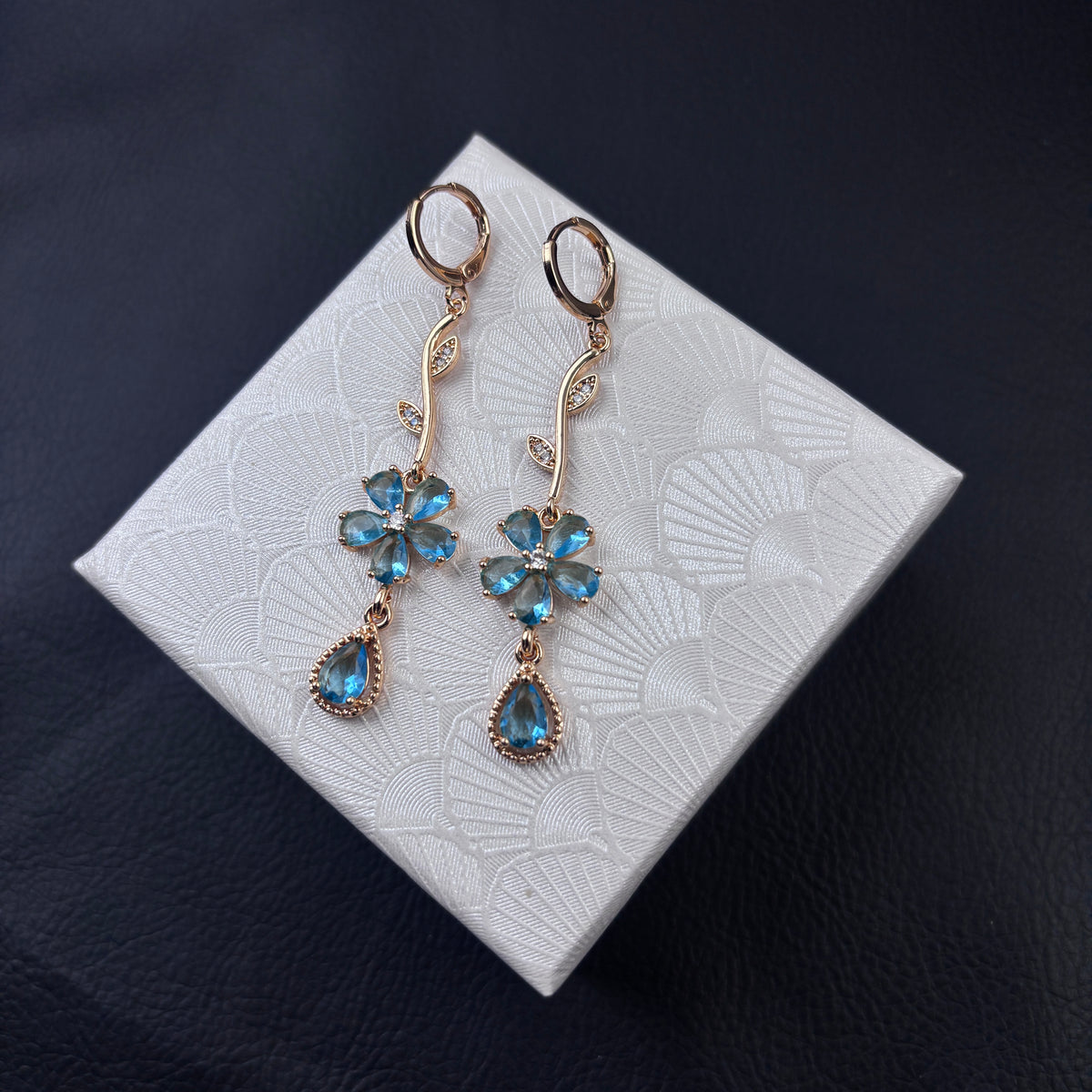 Gold Tone Pink Flower Branch Dangle Huggie Earrings, Sparkly Teardrop CZ Crystal Long Drop Earrings, Romantic Floral Statement Jewelry