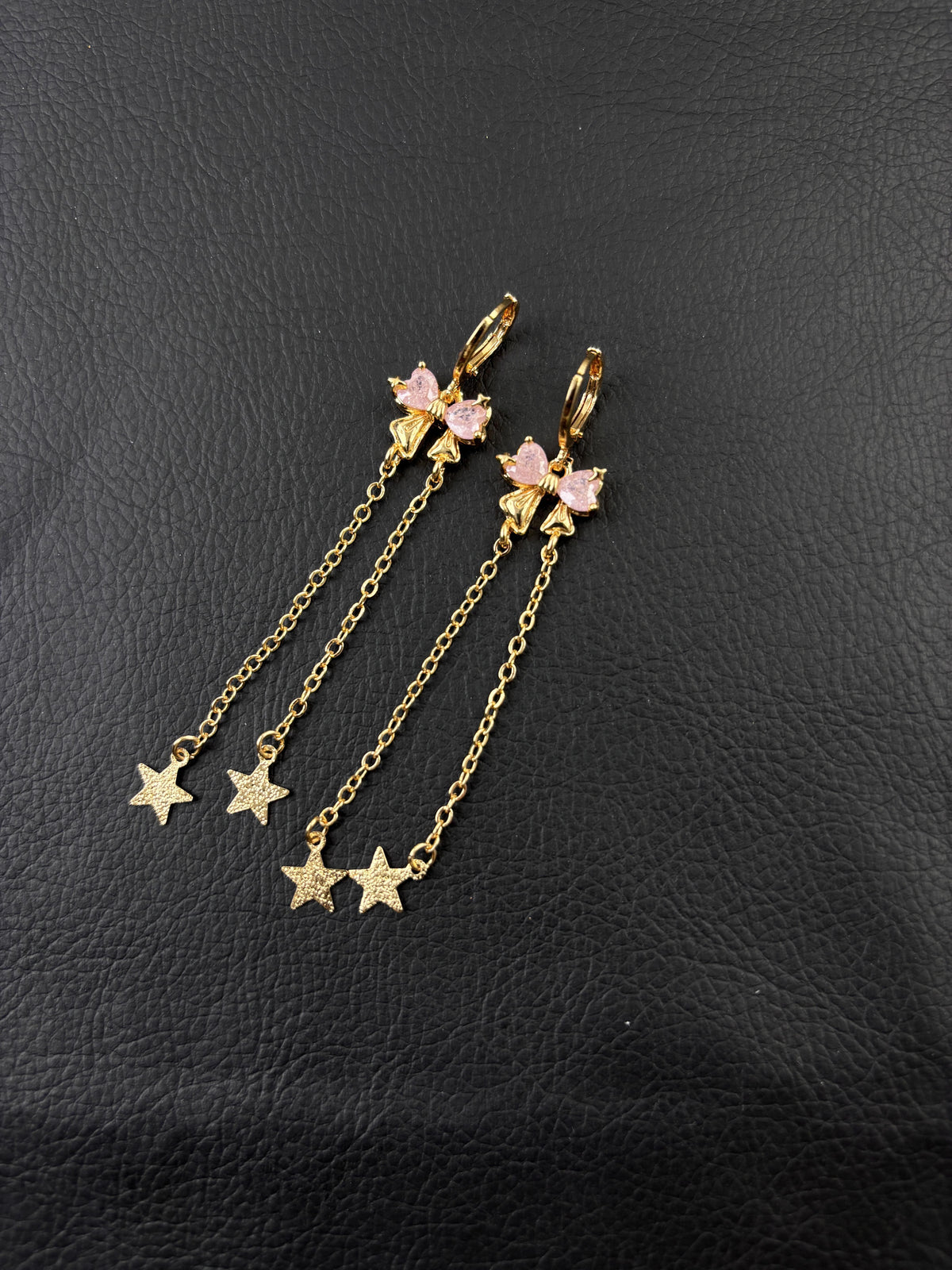 Gold Bow Pink Heart CZ Long Tassel Huggie Earrings, Dainty Star Chain Drop Dangle Earrings, Sweet Fairy Statement Jewelry for Women