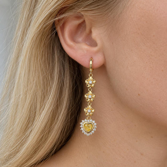Gold Tone 3 Flower Long Dangle Huggie Earrings, Sparkly Yellow Heart CZ Drop Earrings, Vintage Romantic Floral Heart Statement Jewelry for Women