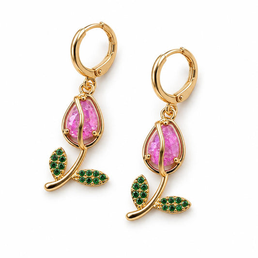 Pink Tulip Huggie Drop Earrings, Gold Tone With Pink Crystal & Green CZ Leaf Dangle Earrings For Women Vintage Floral Jewelry Gift