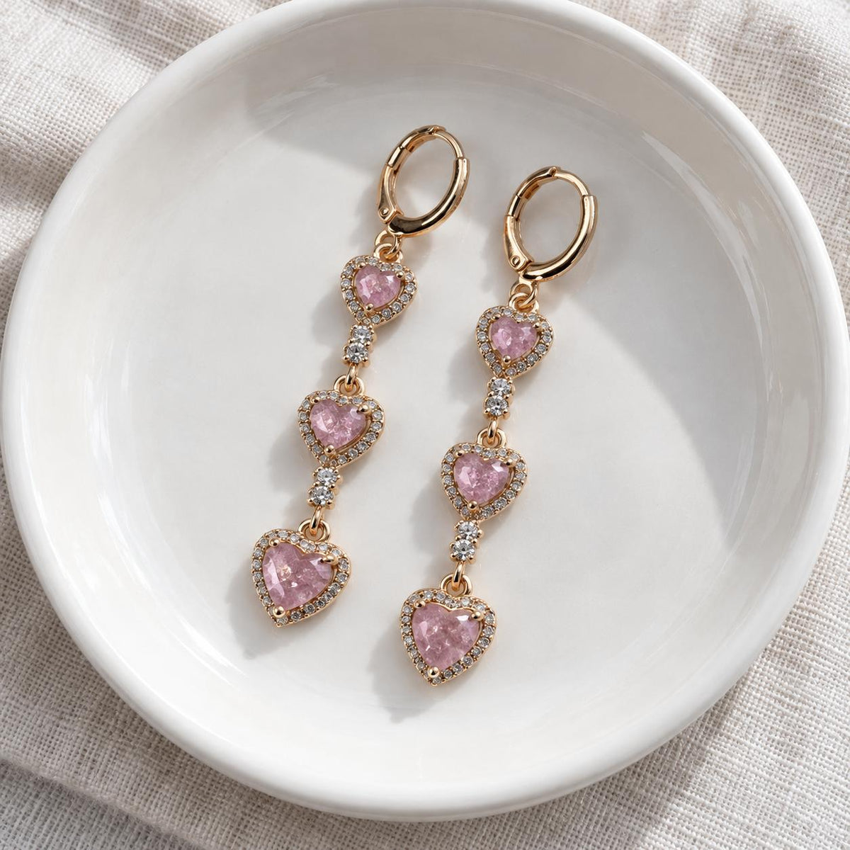 Women's 3 Pink Heart Dangle Huggie Earrings - Pink and Gold Costume Fashion Jewelry Accessories, Pink And Gold Earrings