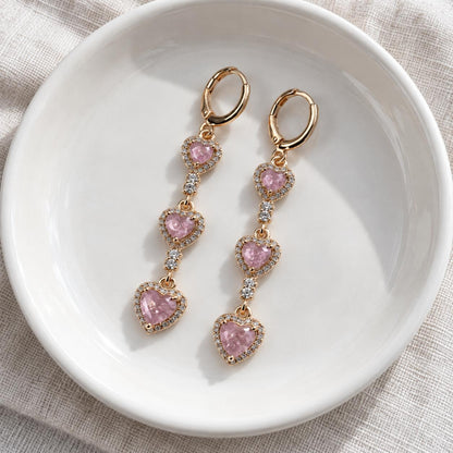 Women's 3 Pink Heart Dangle Huggie Earrings - Pink and Gold Costume Fashion Jewelry Accessories, Pink And Gold Earrings
