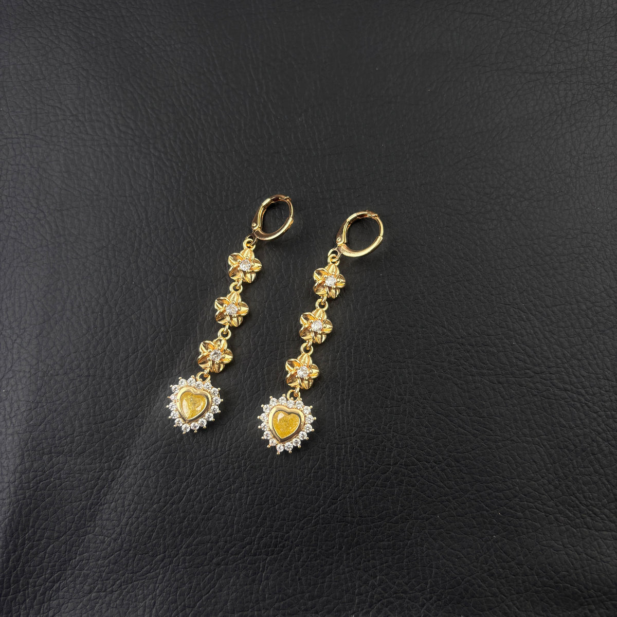 Gold Tone 3 Flower Long Dangle Huggie Earrings, Sparkly Yellow Heart CZ Drop Earrings, Vintage Romantic Floral Heart Statement Jewelry for Women