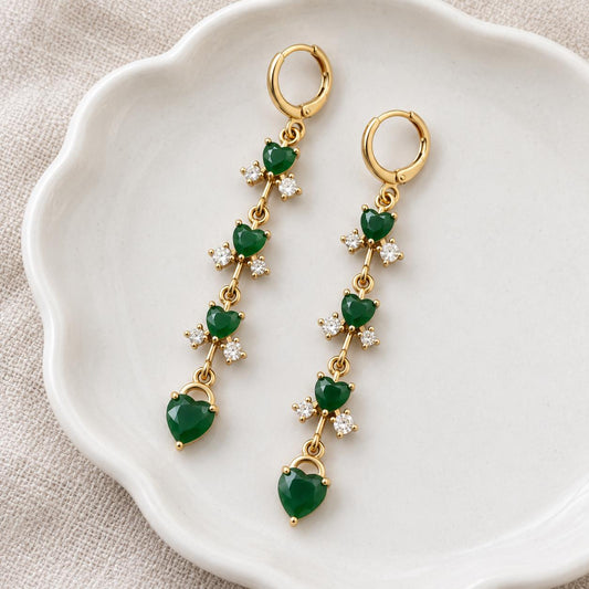 Green Heart Long Dangle Huggie Earrings, Gold Tone Multi Heart Drop Earrings With Clear CZ, Elegant Tassel Earrings For Women Party Jewelry Gift