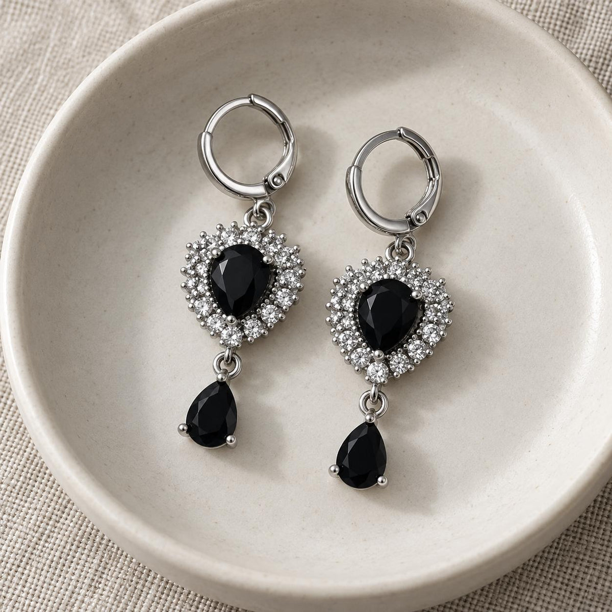 Black Heart Teardrop Dangle Hoop Earrings Silver Tone Women Jewelry