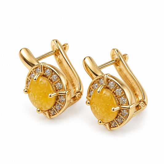 Gold Tone Round Yellow Gem Crystal Lever Back Earrings Vintage Inlaid Rhinestone Drop Earrings for Women Daily Party Jewelry