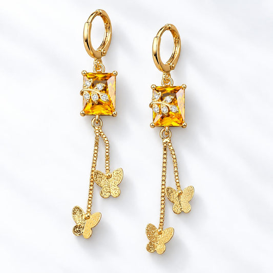 Women Long Dangle Earrings Gold Butterfly Tassel Square Yellow Zircon Ear Hoops