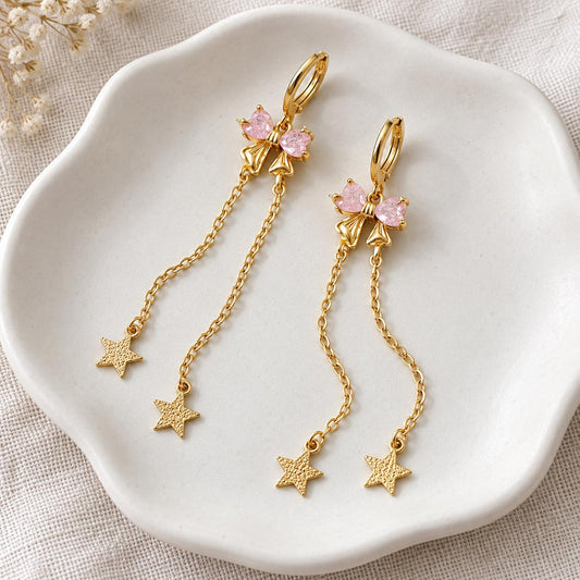 Gold Bow Pink Heart CZ Long Tassel Huggie Earrings, Dainty Star Chain Drop Dangle Earrings, Sweet Fairy Statement Jewelry for Women