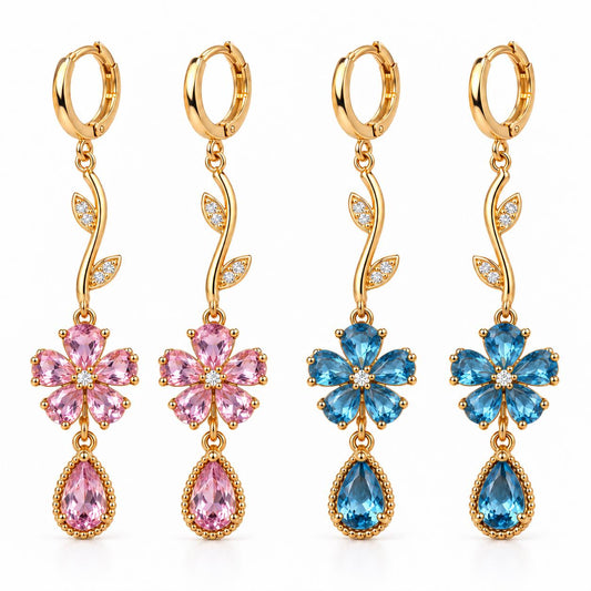 Gold Tone Pink Flower Branch Dangle Huggie Earrings, Sparkly Teardrop CZ Crystal Long Drop Earrings, Romantic Floral Statement Jewelry