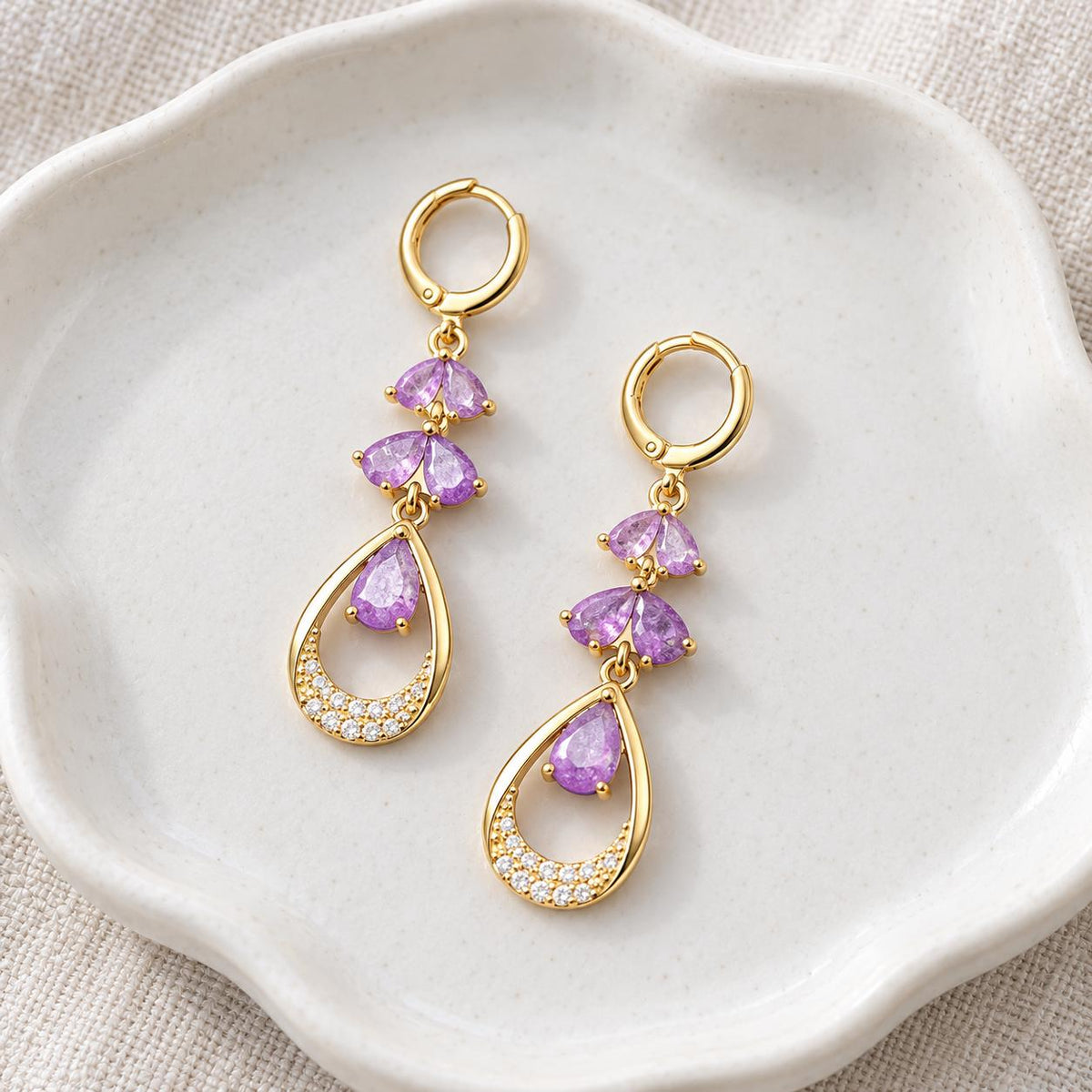 Purple Teardrop Zircon Dangle Hoop Earrings Gold Tone Drop Earrings For Women