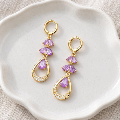 Purple Teardrop Zircon Dangle Hoop Earrings Gold Tone Drop Earrings For Women