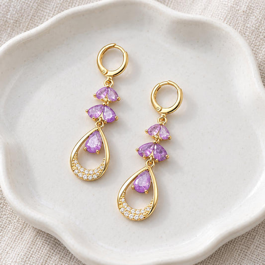 Purple Teardrop Zircon Dangle Hoop Earrings Gold Tone Drop Earrings For Women