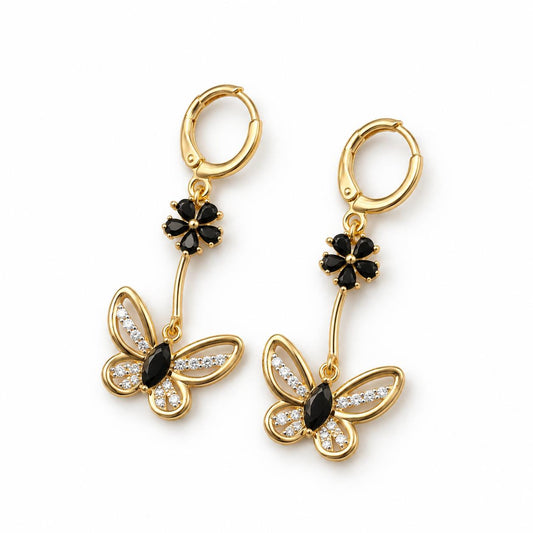 Gold Tone Black Flower & Hollow Butterfly Long Dangle Huggie Earrings, Sparkly CZ Crystal Drop Statement Earrings, Vintage Elegant Jewelry for Women Party Daily Wear