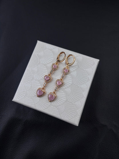 Triple Pink Heart Dangle Huggie Earrings, Fashion Costume Jewelry Accessories for Women