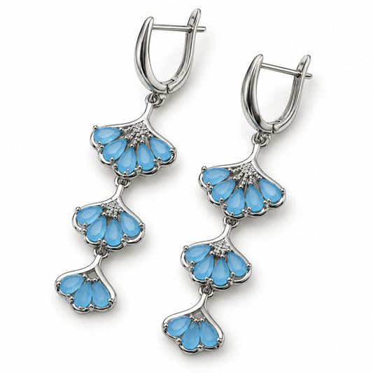 Elegant Layered Ginkgo Leaf Drop Earrings with Blue Zircon, Snap-on Hoop Design, Fashion Costume Jewelry Accessories