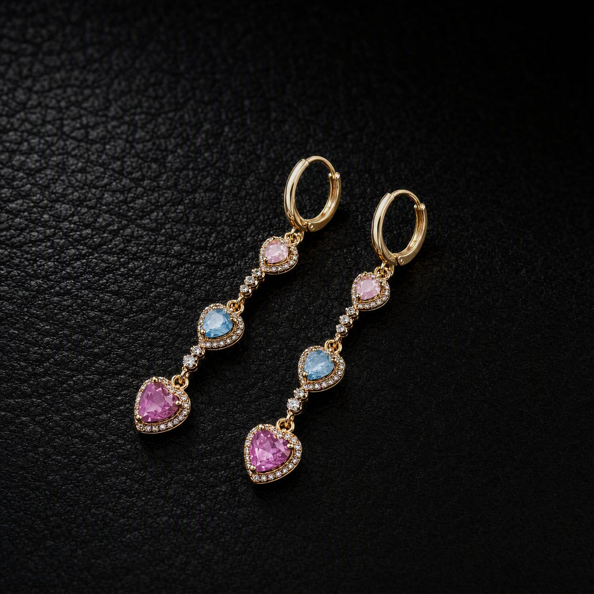 Gold Tone Triple Heart Dangle Leverback Earrings, Pink Blue Ombre CZ Halo Long Drop Earrings, Sparkly Multicolor Crystal Statement Earrings for Women Party Jewelry Gift