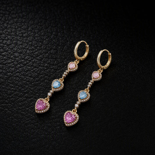 Gold Tone Triple Heart Dangle Leverback Earrings, Pink Blue Ombre CZ Halo Long Drop Earrings, Sparkly Multicolor Crystal Statement Earrings for Women Party Jewelry Gift