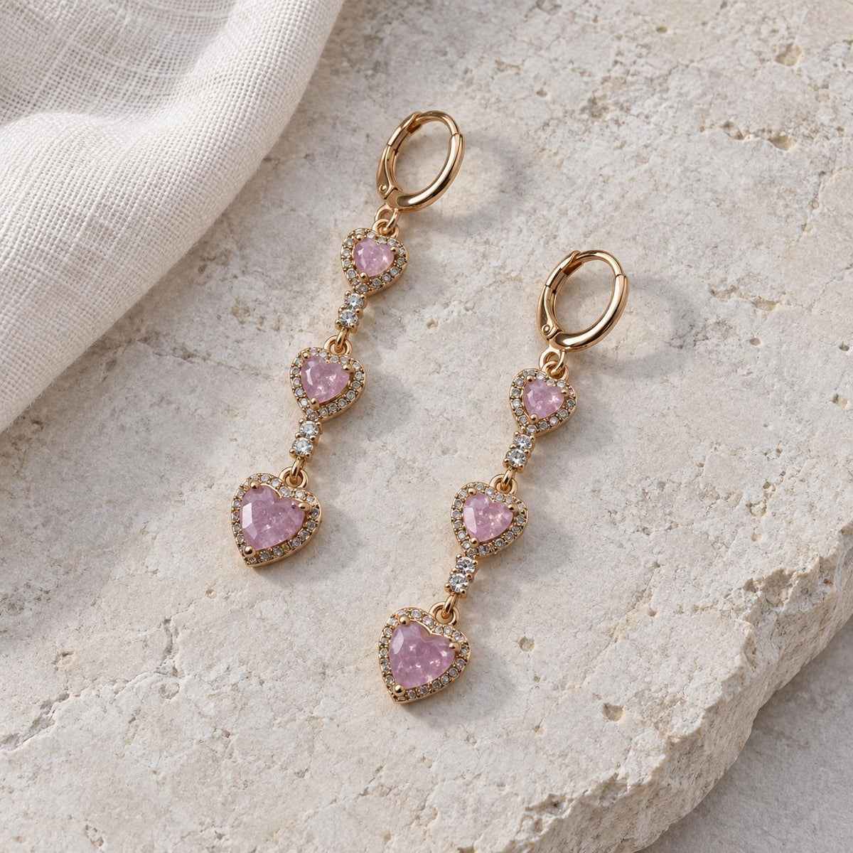 Women's 3 Pink Heart Dangle Huggie Earrings - Pink and Gold Costume Fashion Jewelry Accessories, Pink And Gold Earrings