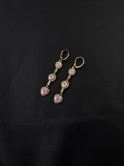 Triple Pink Heart Dangle Huggie Earrings, Fashion Costume Jewelry Accessories for Women