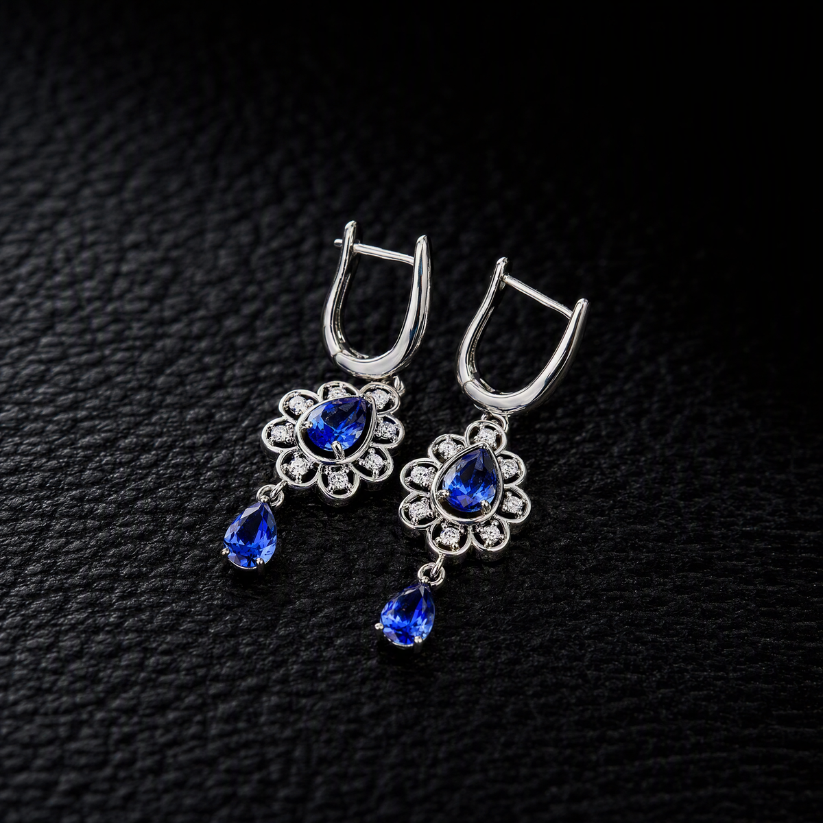 Sparkling Blue Teardrop Flower Halo Dangle Earrings Luxury Silver Tone CZ Huggies Perfect for Wedding Prom Anniversary Gift for Women