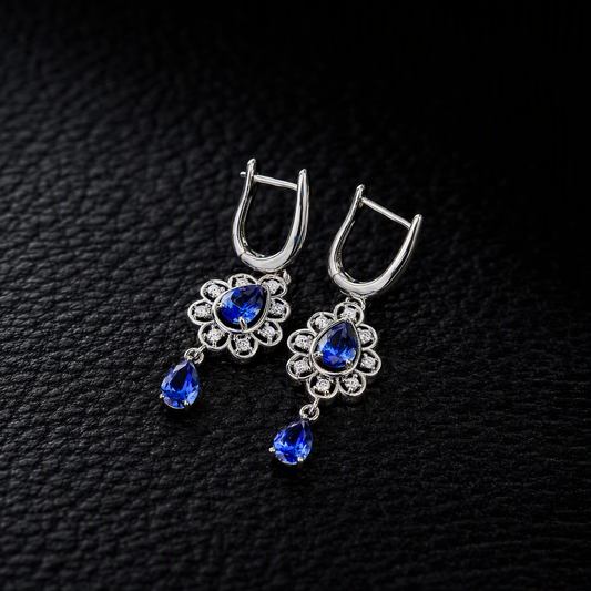 Sparkling Blue Teardrop Flower Halo Dangle Earrings Luxury Silver Tone CZ Huggies Perfect for Wedding Prom Anniversary Gift for Women