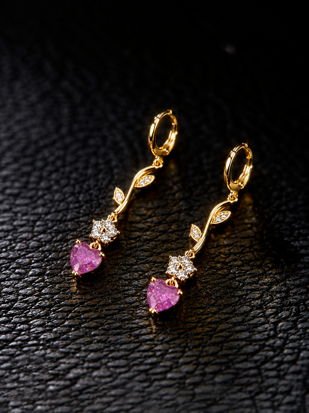 Gold Tone Branch Leaf Long Dangle Huggie Earrings, Pink Heart CZ & Flower Crystal Drop Earrings, Sparkly Floral Statement Earrings for Women Party Jewelry Gift