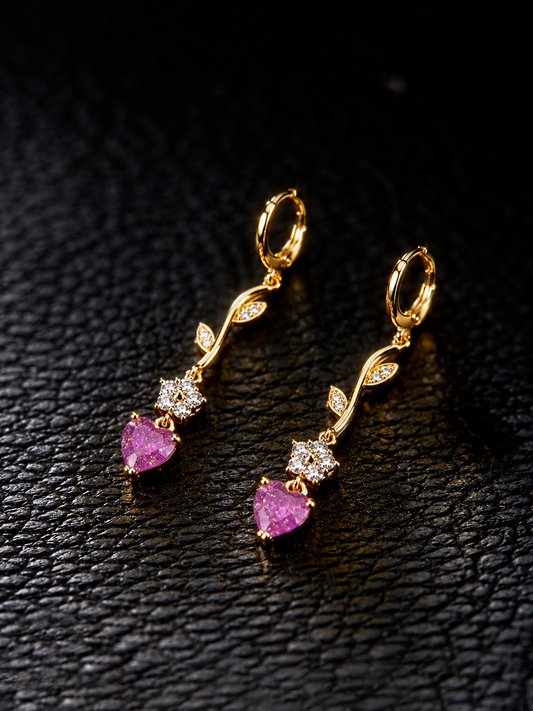 Gold Tone Branch Leaf Long Dangle Huggie Earrings, Pink Heart CZ & Flower Crystal Drop Earrings, Sparkly Floral Statement Earrings for Women Party Jewelry Gift