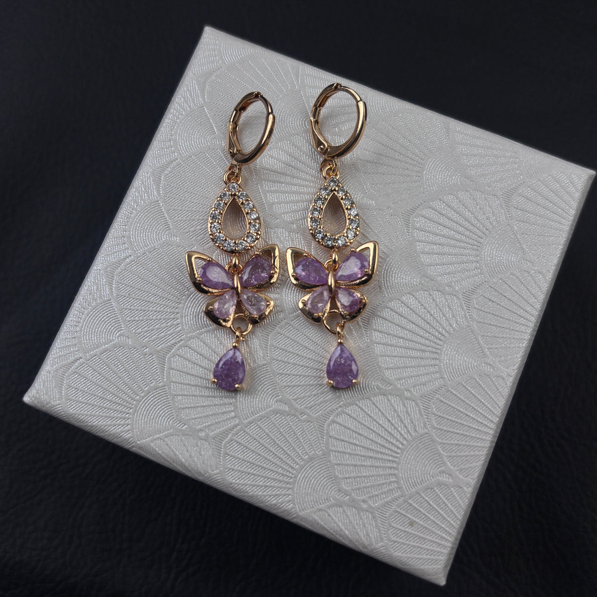 Butterfly Teardrop Crystal Long Dangle Huggie Earrings Gold Tone Sparkly Statement Jewelry
