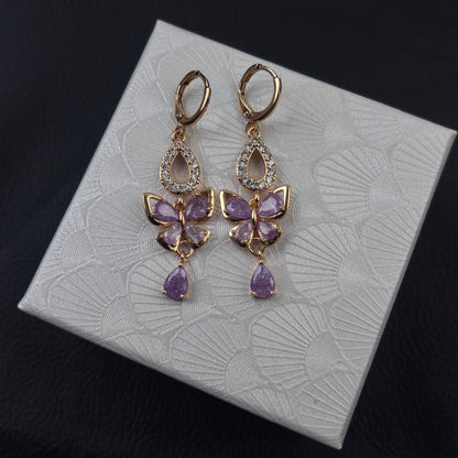 Butterfly Teardrop Crystal Long Dangle Huggie Earrings Gold Tone Sparkly Statement Jewelry