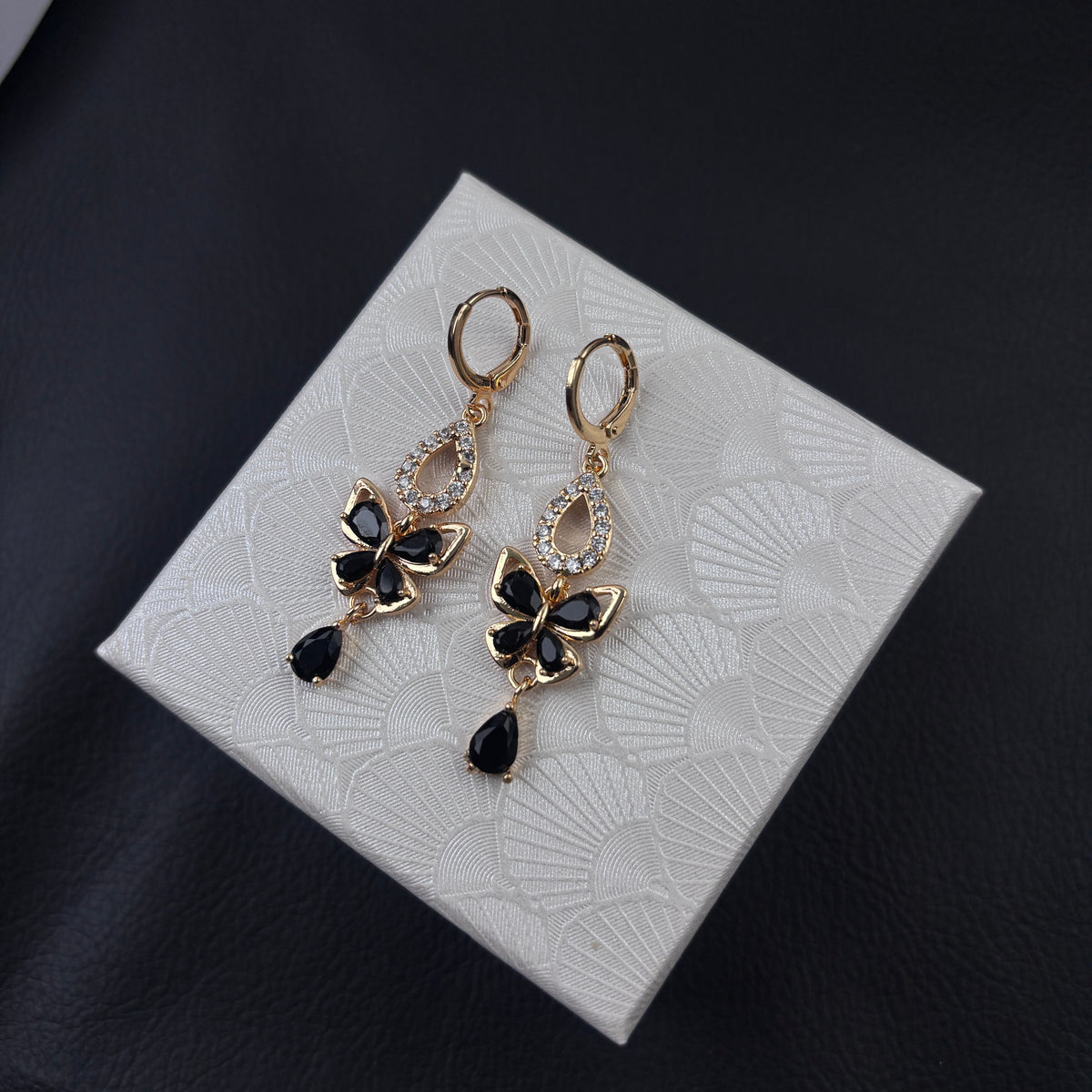 Butterfly Teardrop Crystal Long Dangle Huggie Earrings Gold Tone Sparkly Statement Jewelry