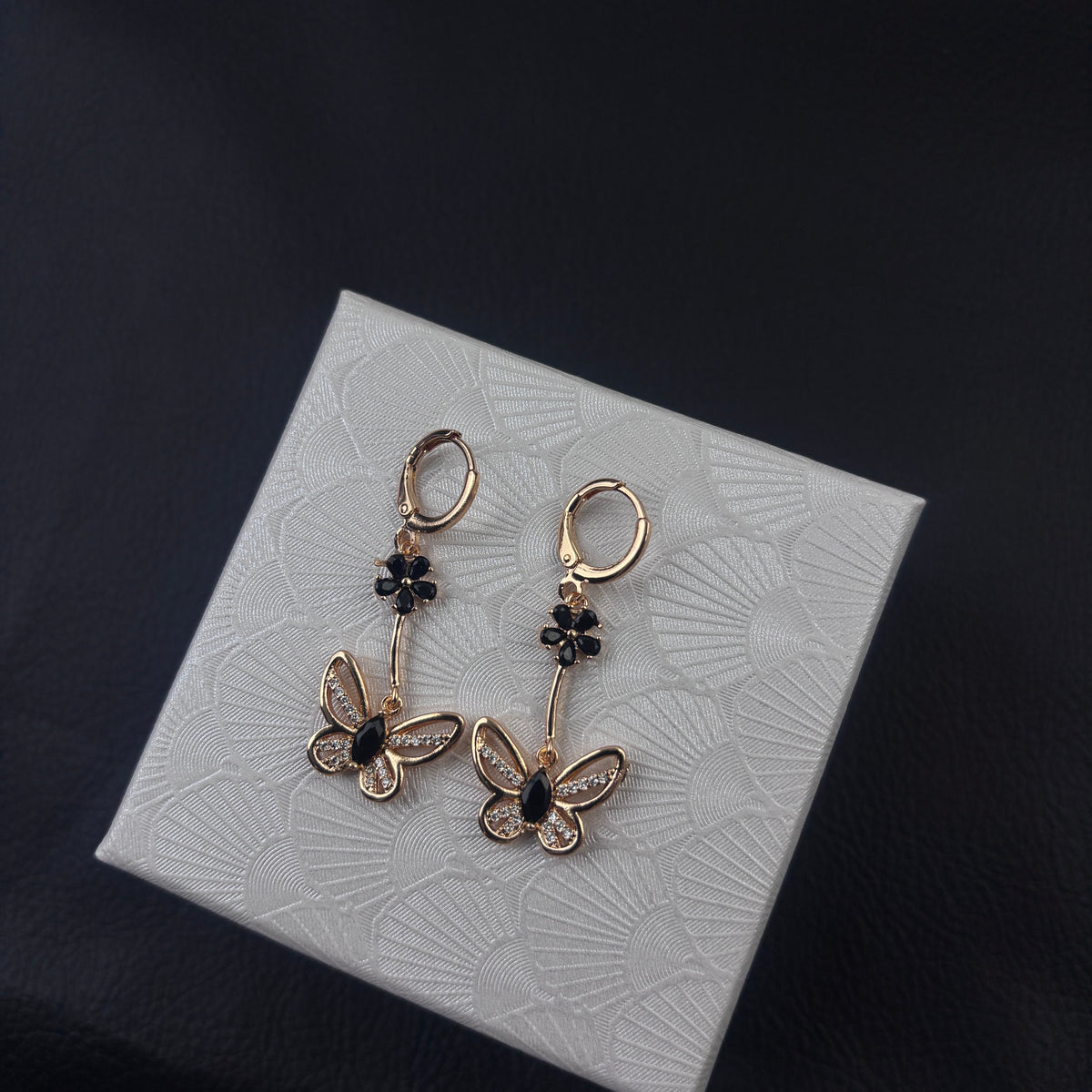Gold Tone Black Flower & Hollow Butterfly Long Dangle Huggie Earrings, Sparkly CZ Crystal Drop Statement Earrings, Vintage Elegant Jewelry for Women Party Daily Wear