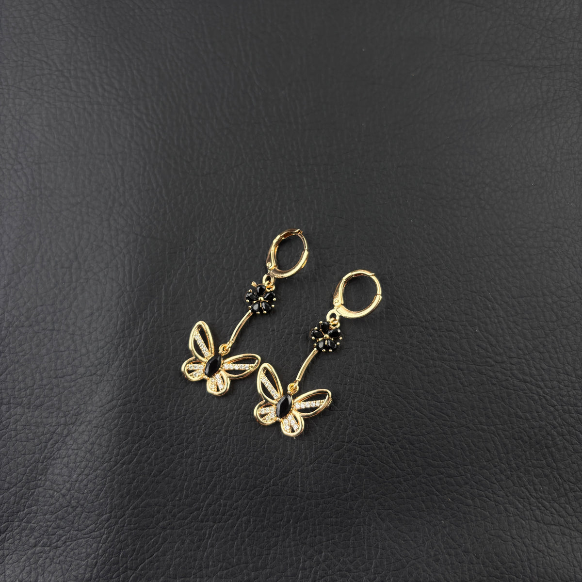 Gold Tone Black Flower & Hollow Butterfly Long Dangle Huggie Earrings, Sparkly CZ Crystal Drop Statement Earrings, Vintage Elegant Jewelry for Women Party Daily Wear