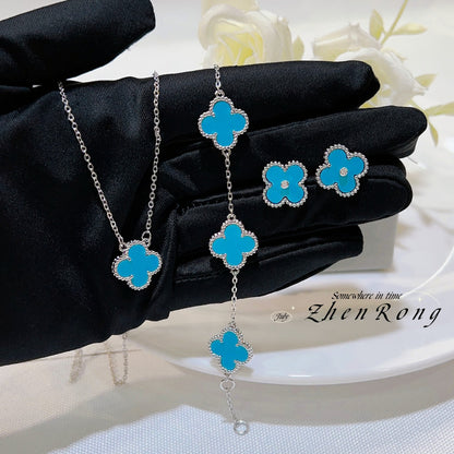 Lucky Clover Pendant Necklace Bracelet Set