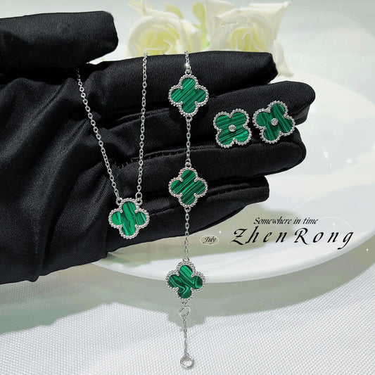 Lucky Clover Pendant Necklace Bracelet Set