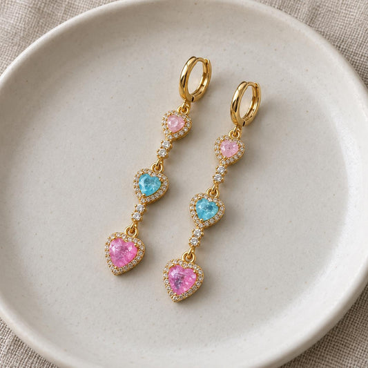 Gold Tone Triple Heart Dangle Leverback Earrings, Pink Blue Ombre CZ Halo Long Drop Earrings, Sparkly Multicolor Crystal Statement Earrings for Women Party Jewelry Gift