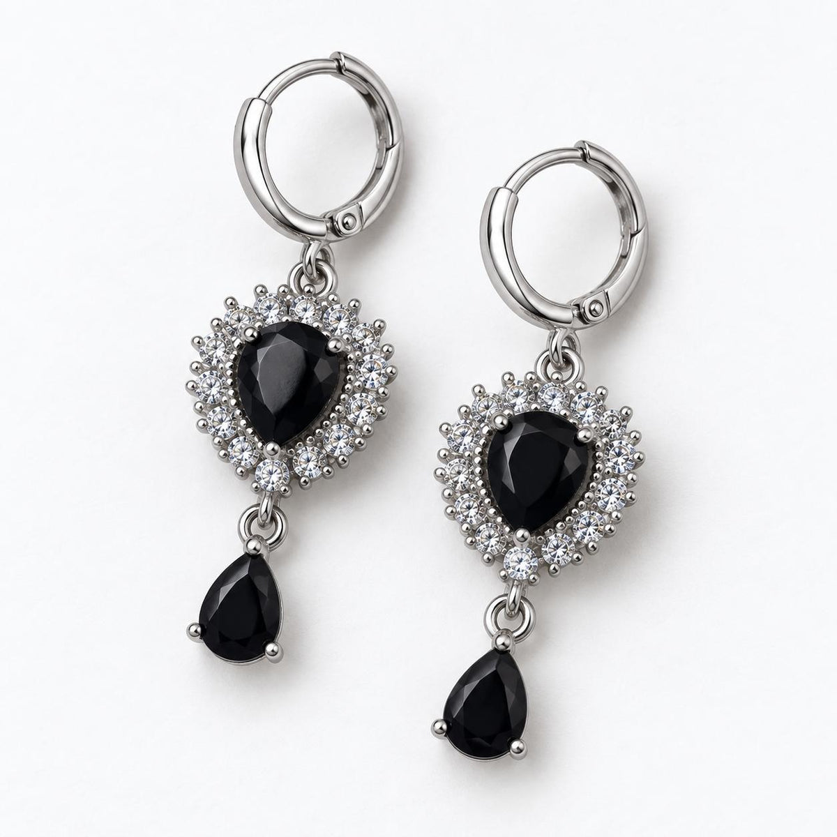 Black Heart Teardrop Dangle Hoop Earrings Silver Tone Women Jewelry