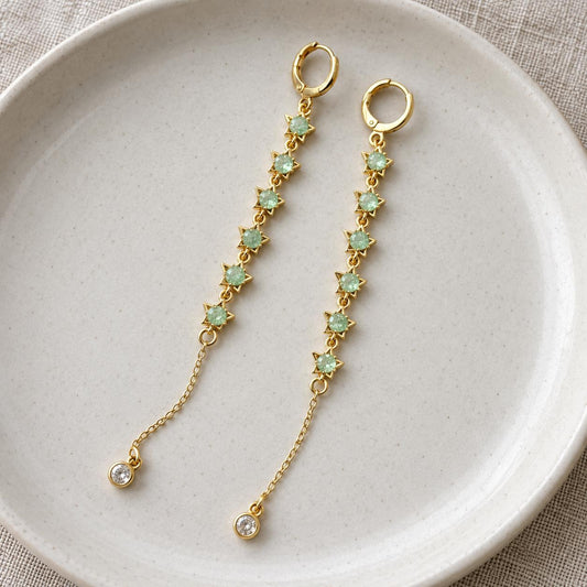 Gold Star CZ Long Tassel Huggie Earrings, Sparkling Chain Drop Dangle Earrings, Elegant Statement Jewelry for Women Wedding Party Daily Wear