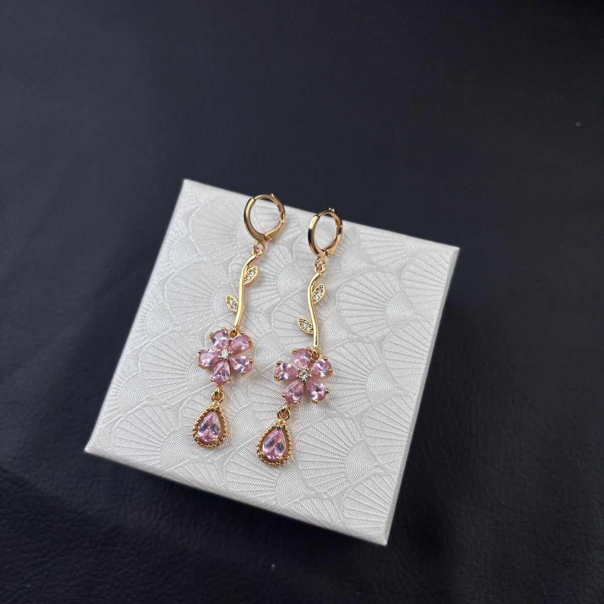 Gold Tone Pink Flower Branch Dangle Huggie Earrings, Sparkly Teardrop CZ Crystal Long Drop Earrings, Romantic Floral Statement Jewelry