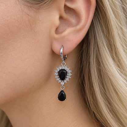 Black Heart Teardrop Dangle Hoop Earrings Silver Tone Women Jewelry