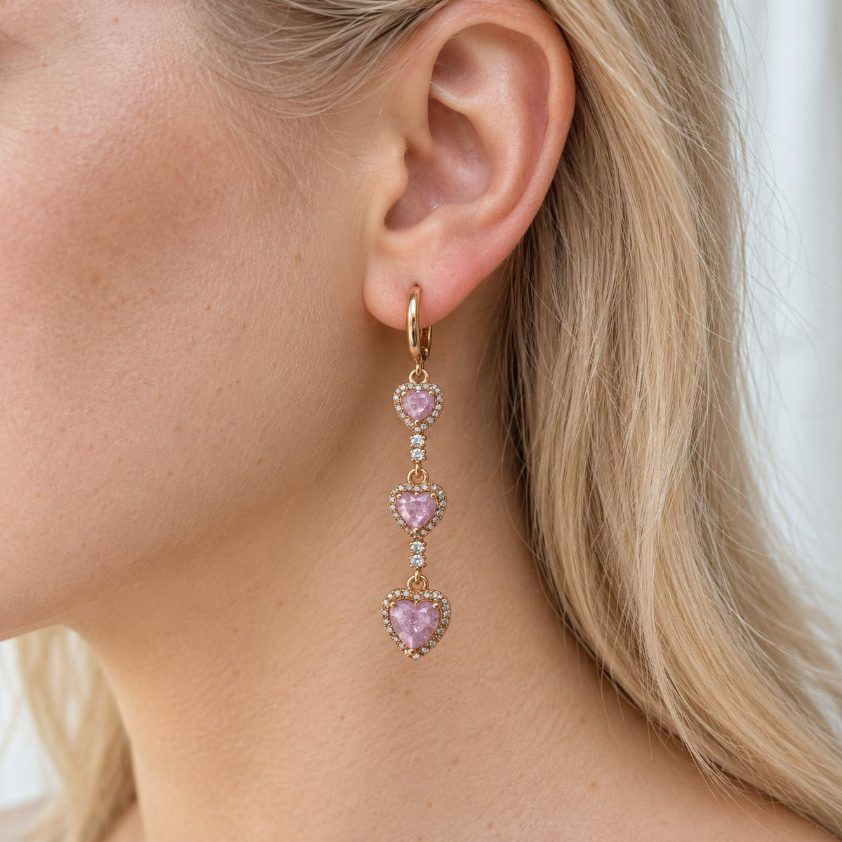 Women's 3 Pink Heart Dangle Huggie Earrings - Pink and Gold Costume Fashion Jewelry Accessories, Pink And Gold Earrings