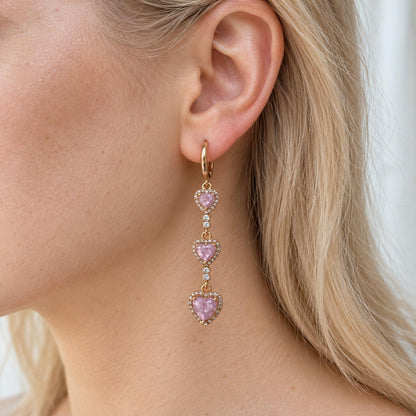 Women's 3 Pink Heart Dangle Huggie Earrings - Pink and Gold Costume Fashion Jewelry Accessories, Pink And Gold Earrings