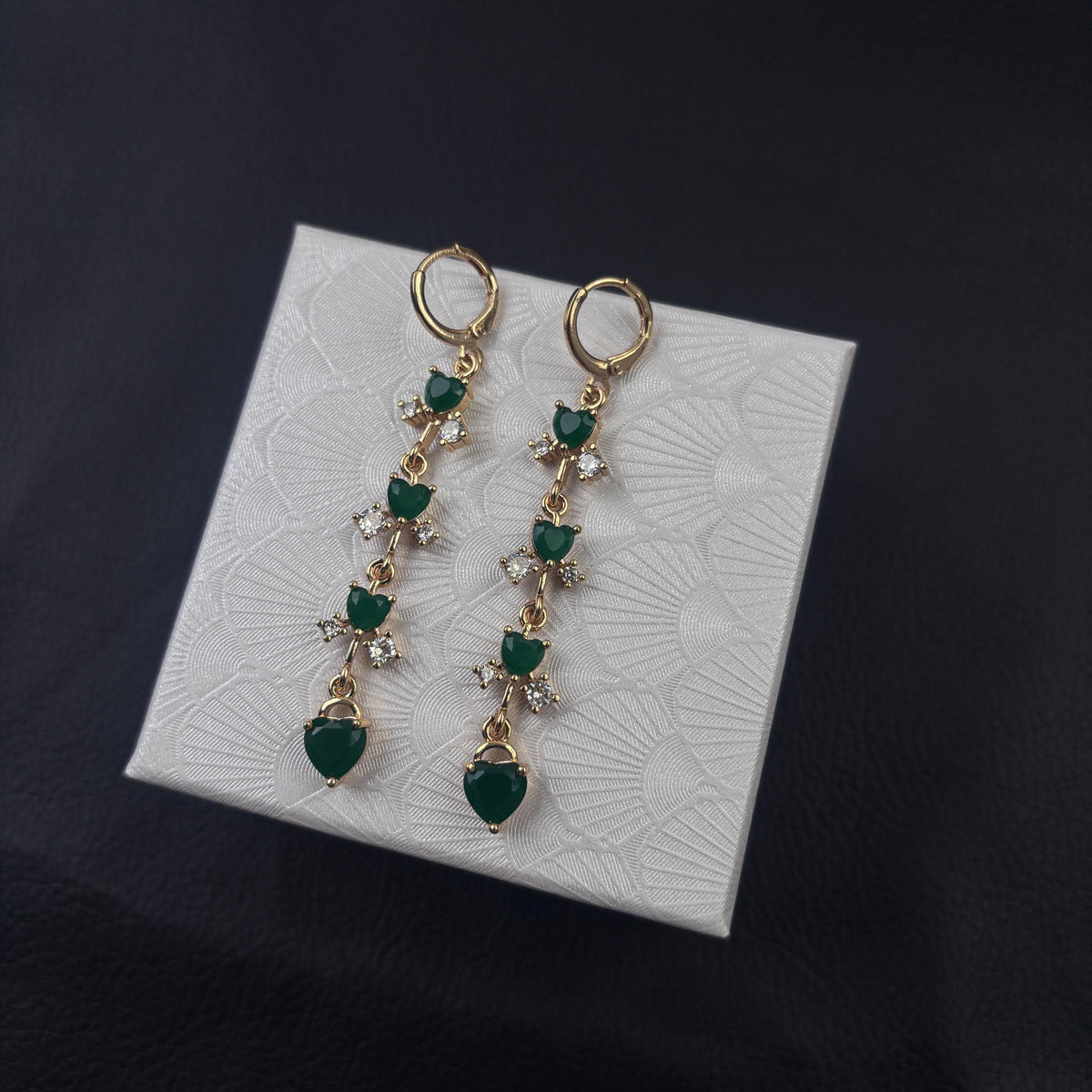 Green Heart Long Dangle Huggie Earrings, Gold Tone Multi Heart Drop Earrings With Clear CZ, Elegant Tassel Earrings For Women Party Jewelry Gift