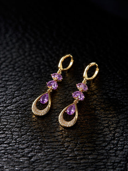 Purple Teardrop Zircon Dangle Hoop Earrings Gold Tone Drop Earrings For Women