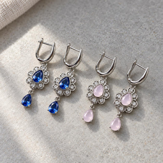 Sparkling Blue Teardrop Flower Halo Dangle Earrings Luxury Silver Tone CZ Huggies Perfect for Wedding Prom Anniversary Gift for Women