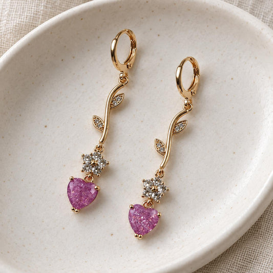 Gold Tone Branch Leaf Long Dangle Huggie Earrings, Pink Heart CZ & Flower Crystal Drop Earrings, Sparkly Floral Statement Earrings for Women Party Jewelry Gift